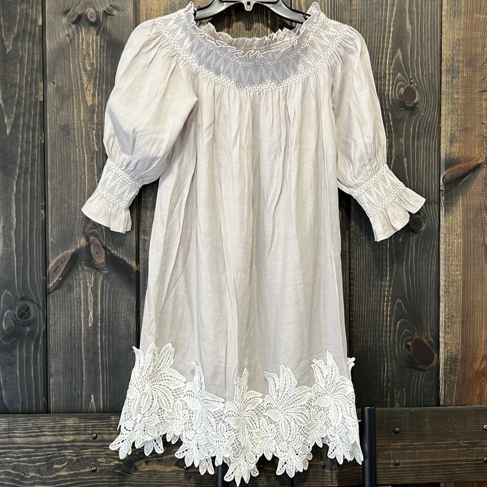 Anthropologie HD in Paris Off Shoulder Mini Dress XS Lace Accents Smocked Boho